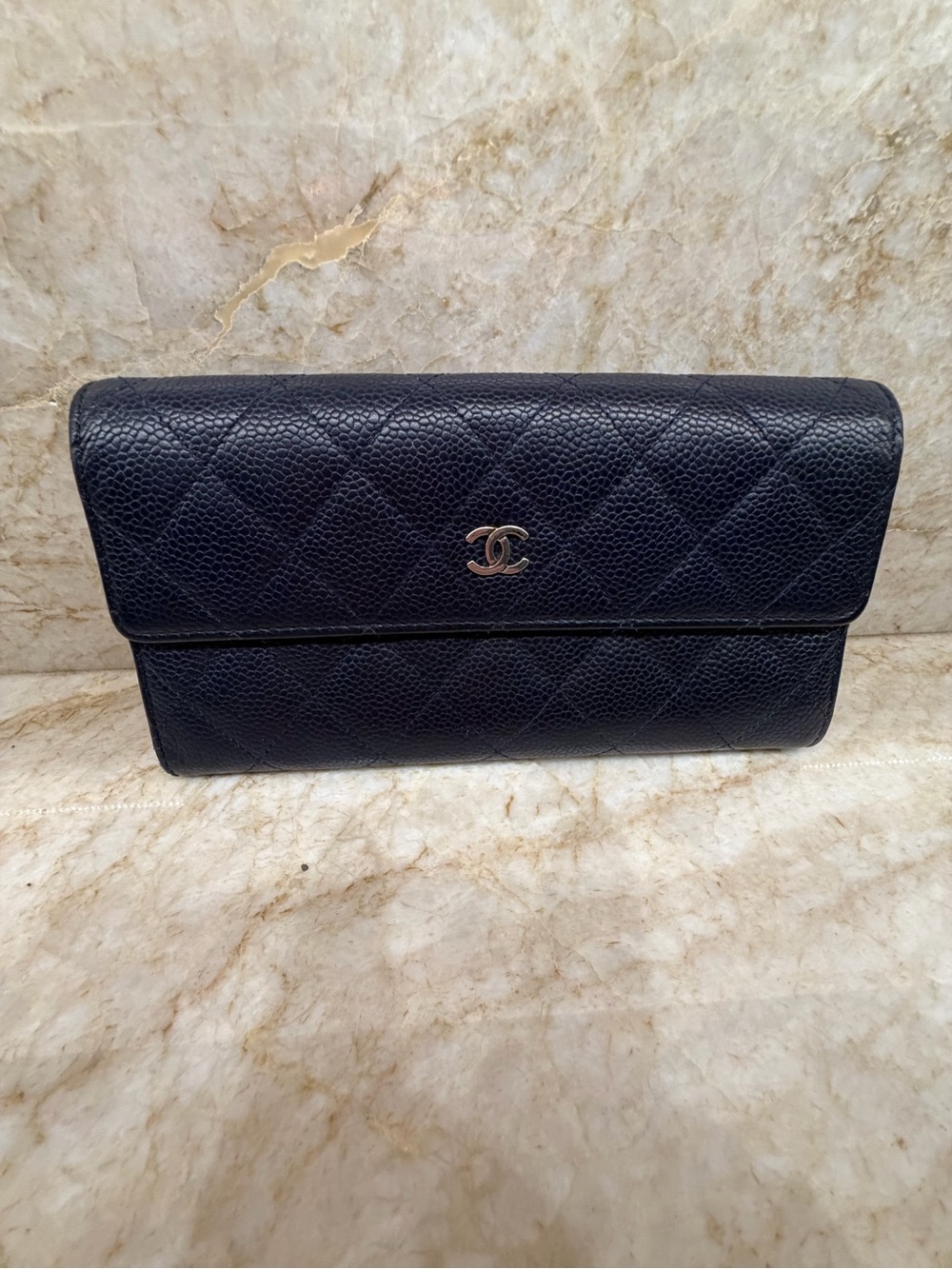 CHANEL Navy Quilted Caviar Leather Clutch with Silver Cc